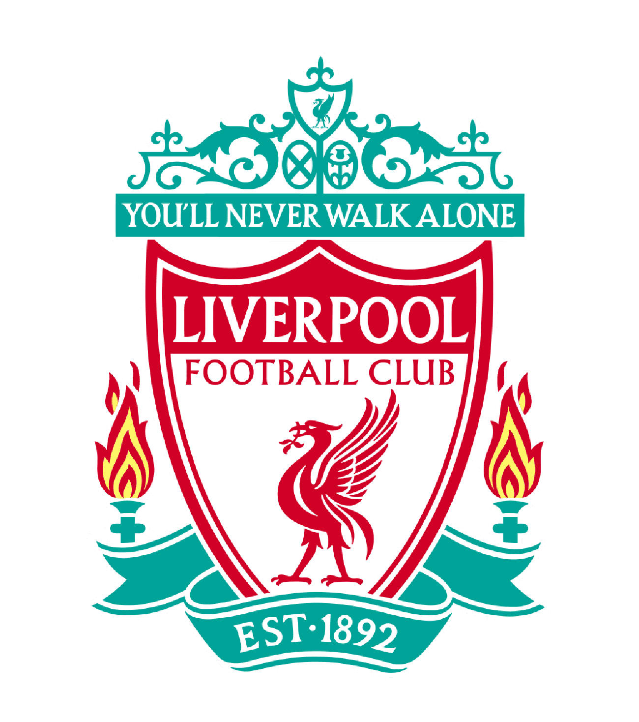 Liverpool Football Club logo featuring a red Liver bird, two flames, and the phrase "You'll Never Walk Alone." Established 1892.