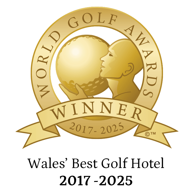 Gold World Golf Awards winner badge for Wales’ Best Golf Hotel, celebrating golf excellence from 2017 to 2025.